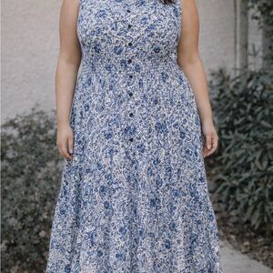 Chelsea & Theodore Womens 2X Blue Paisley Midi Dress Smocked Waist 100%  Cotton